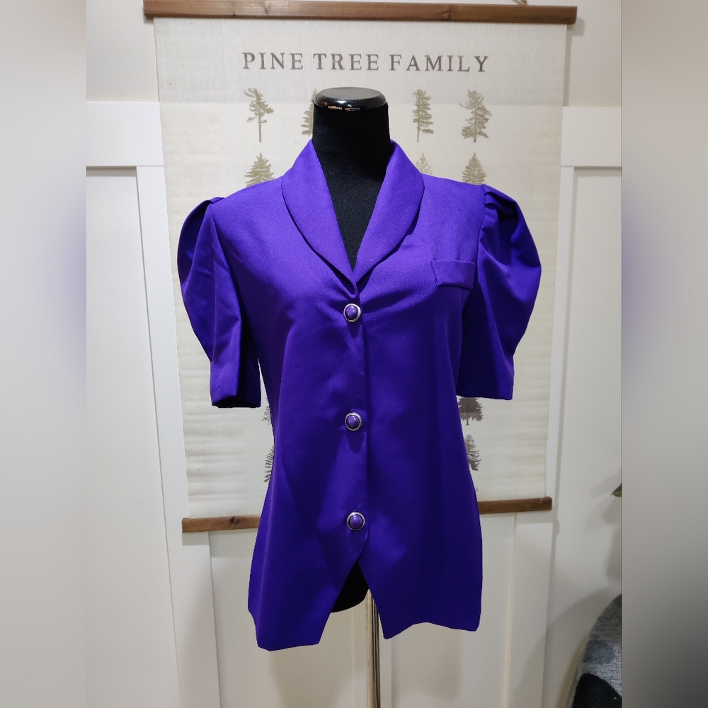 Vintage Purple Puff-Sleeve Blazer Top – Button Front, 80s/90s Bold Statement